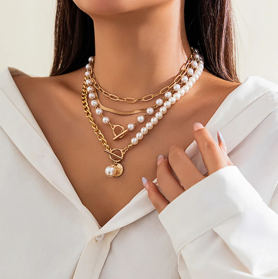 Mailani - layered imitation pearl and thick chain choker necklace for women