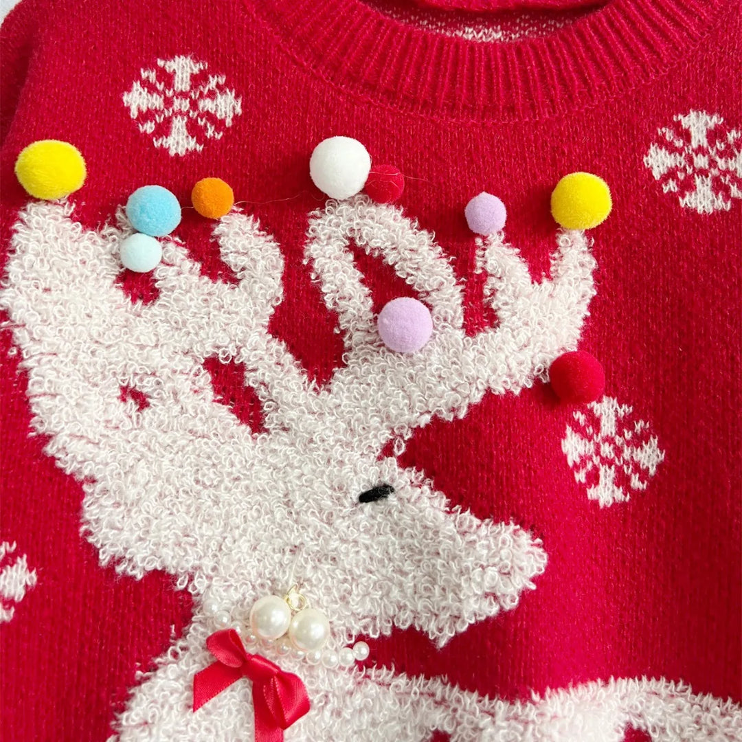 Festive reindeer pom pom Christmas sweater with snowflake print