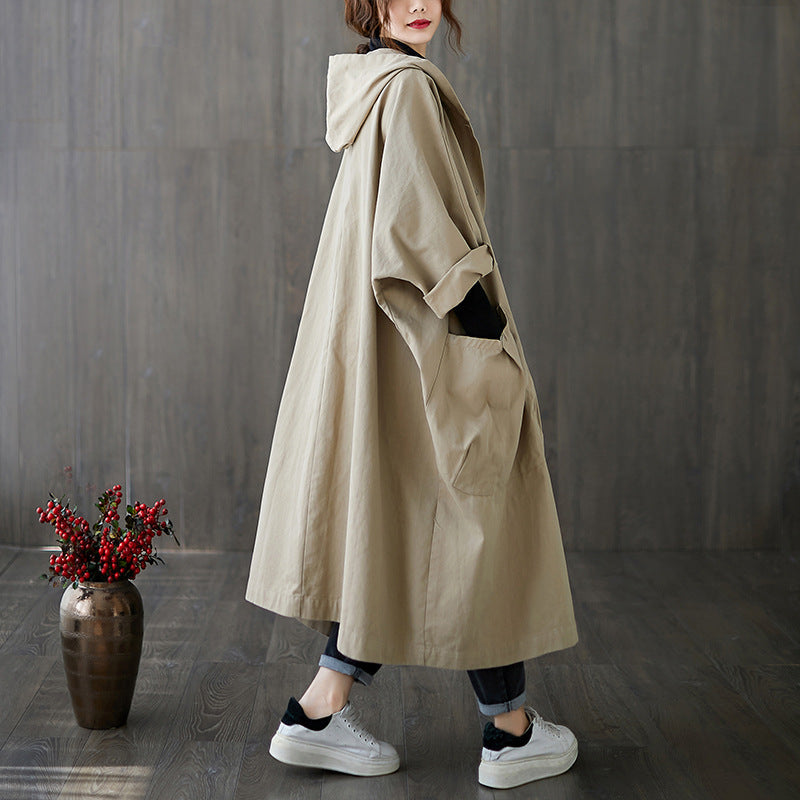 Casual hooded long trench coat for women