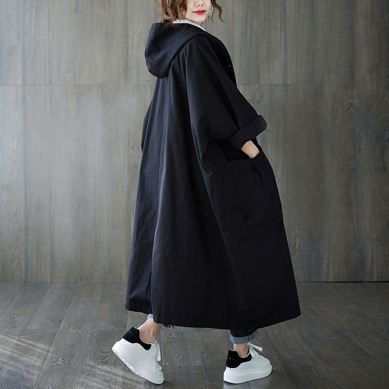 Casual hooded long trench coat for women