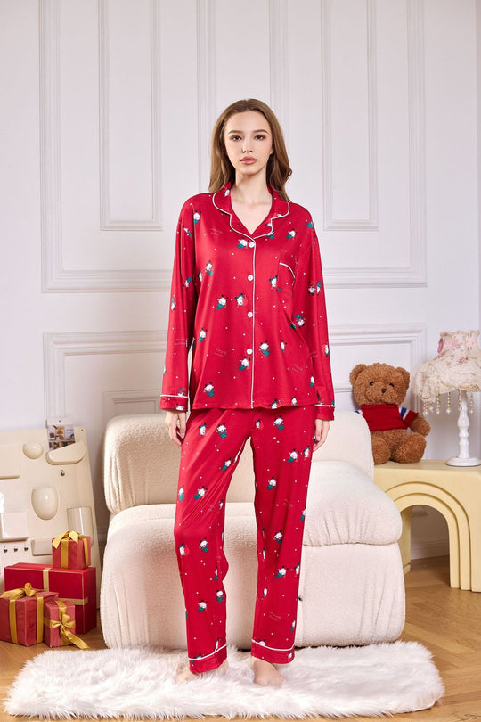 Women's holiday pajama set with festive candy cane and snowman print