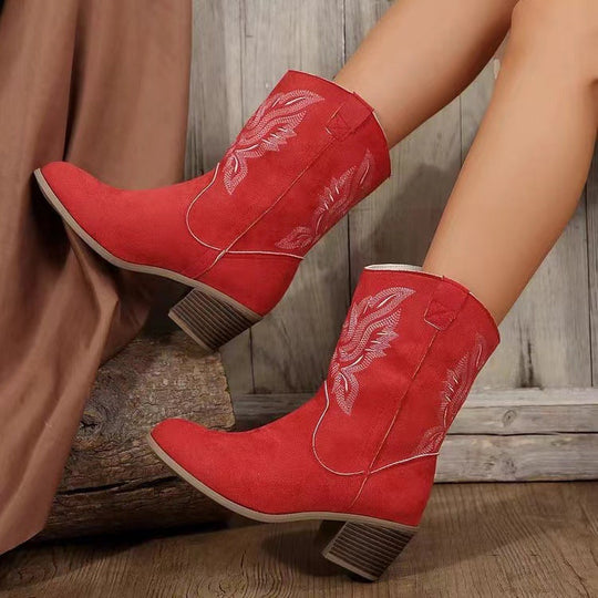 Embroidered western ankle boots with chunky heel for women