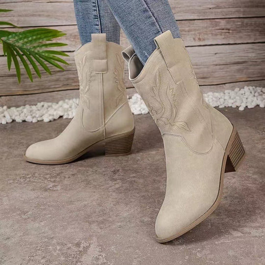 Embroidered western ankle boots with chunky heel for women