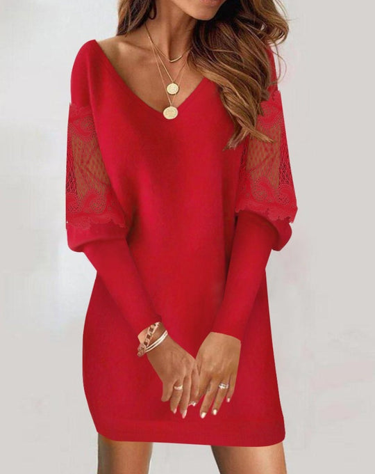 Elegant v-neck long-sleeved printed lace stitching dress