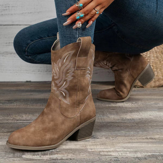 Embroidered western ankle boots with chunky heel for women