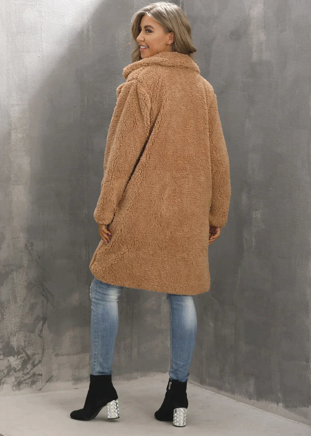 Long cozy warm winter jacket for women with open front