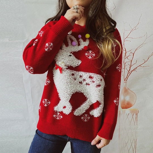 Festive reindeer pom pom Christmas sweater with snowflake print