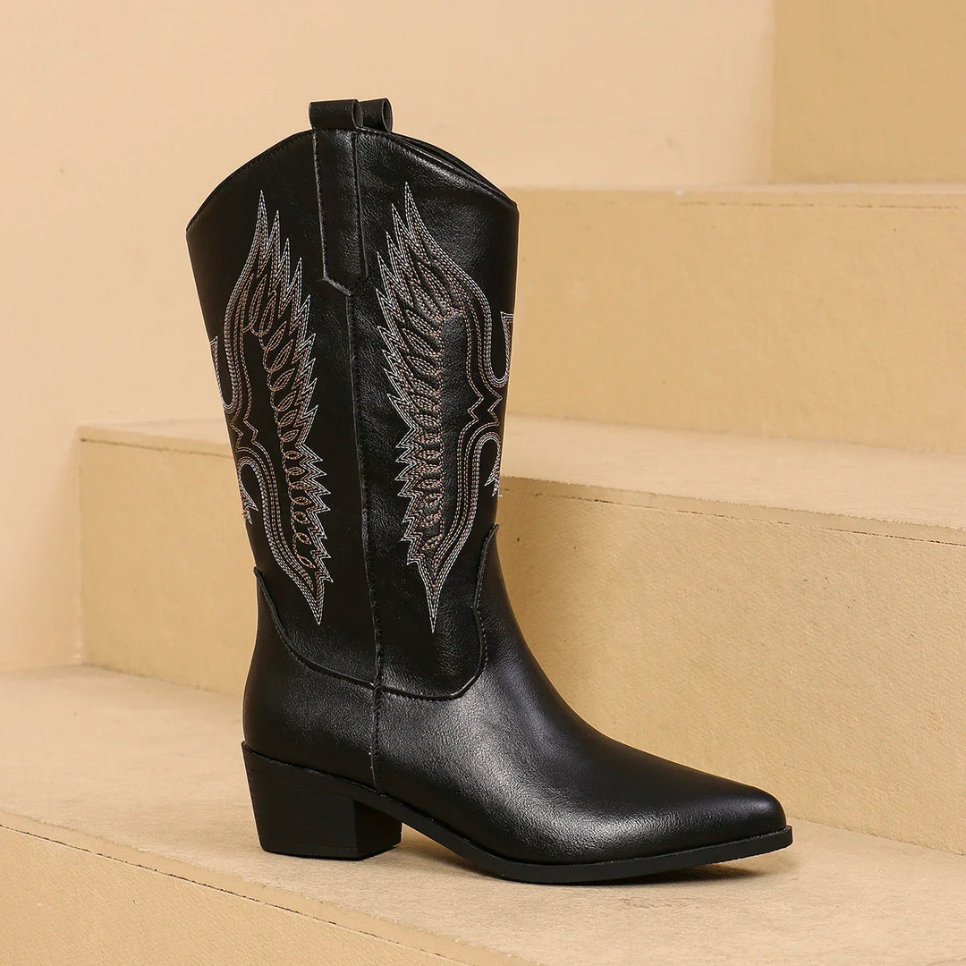 Embroidered western cowboy boots with low heel for women