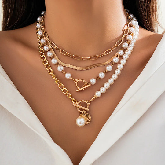 Mailani - layered imitation pearl and thick chain choker necklace for women