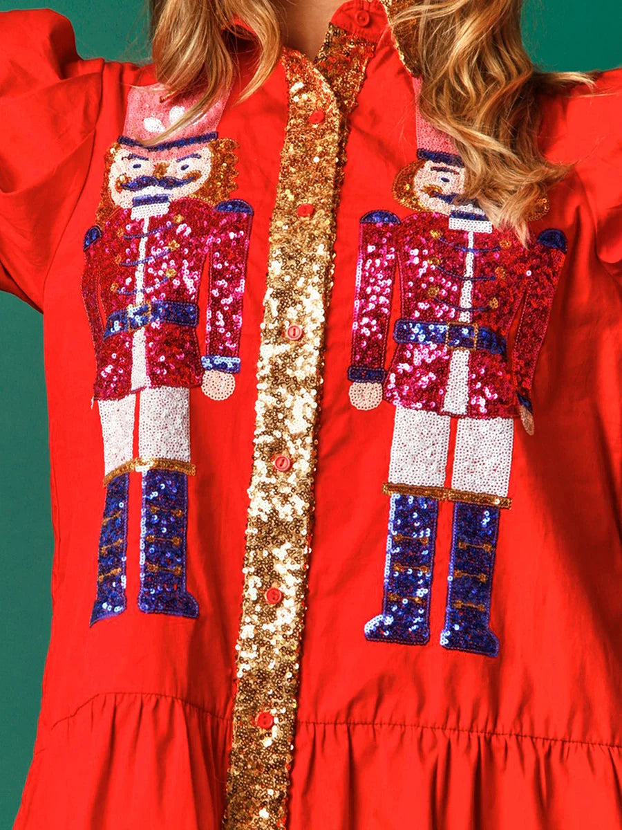 Women's holiday nutcracker sequin shirt dress