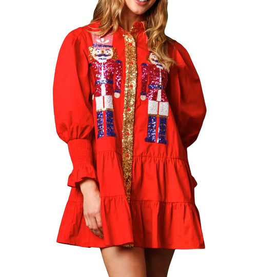 Women's holiday nutcracker sequin shirt dress