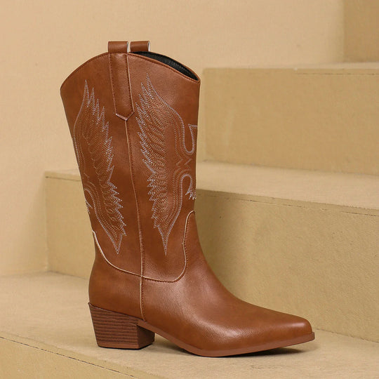 Embroidered western cowboy boots with low heel for women