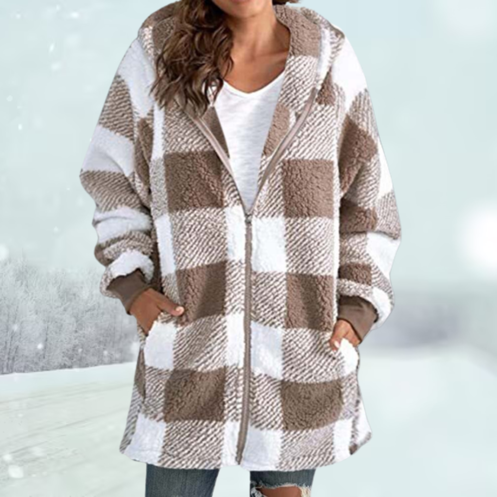 Katarina - plaid hooded jacket with long zipper and pockets