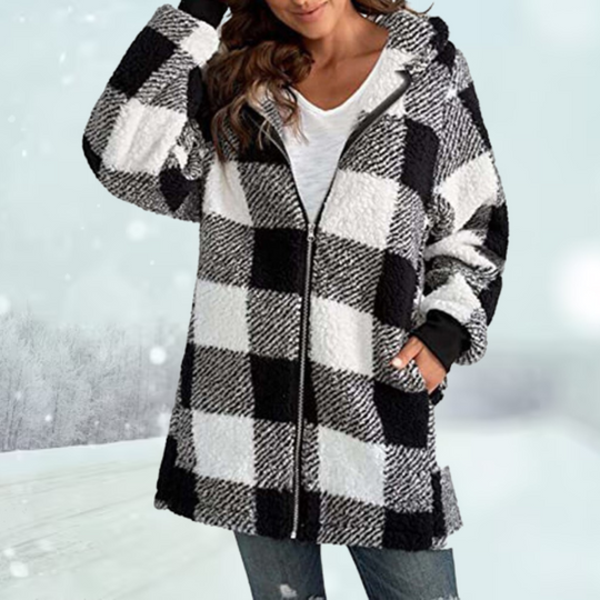 Katarina - plaid hooded jacket with long zipper and pockets