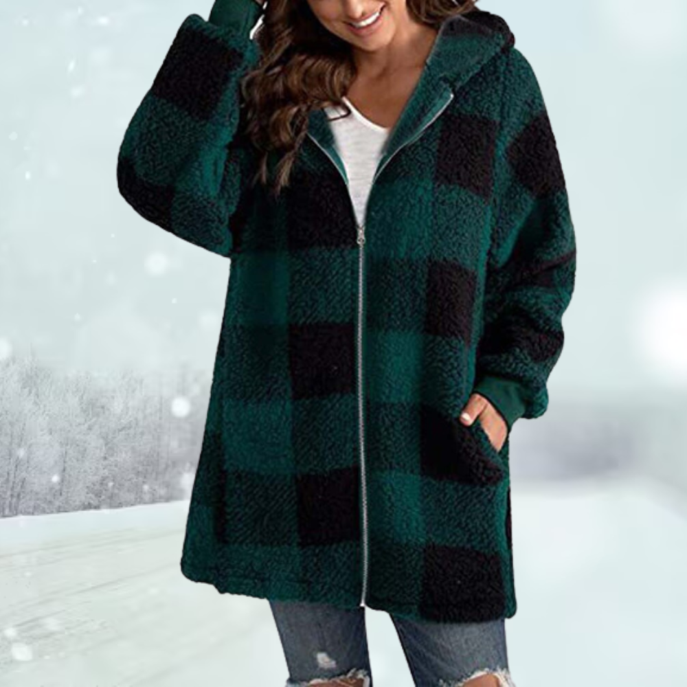 Katarina - plaid hooded jacket with long zipper and pockets