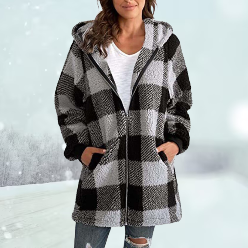 Katarina - plaid hooded jacket with long zipper and pockets