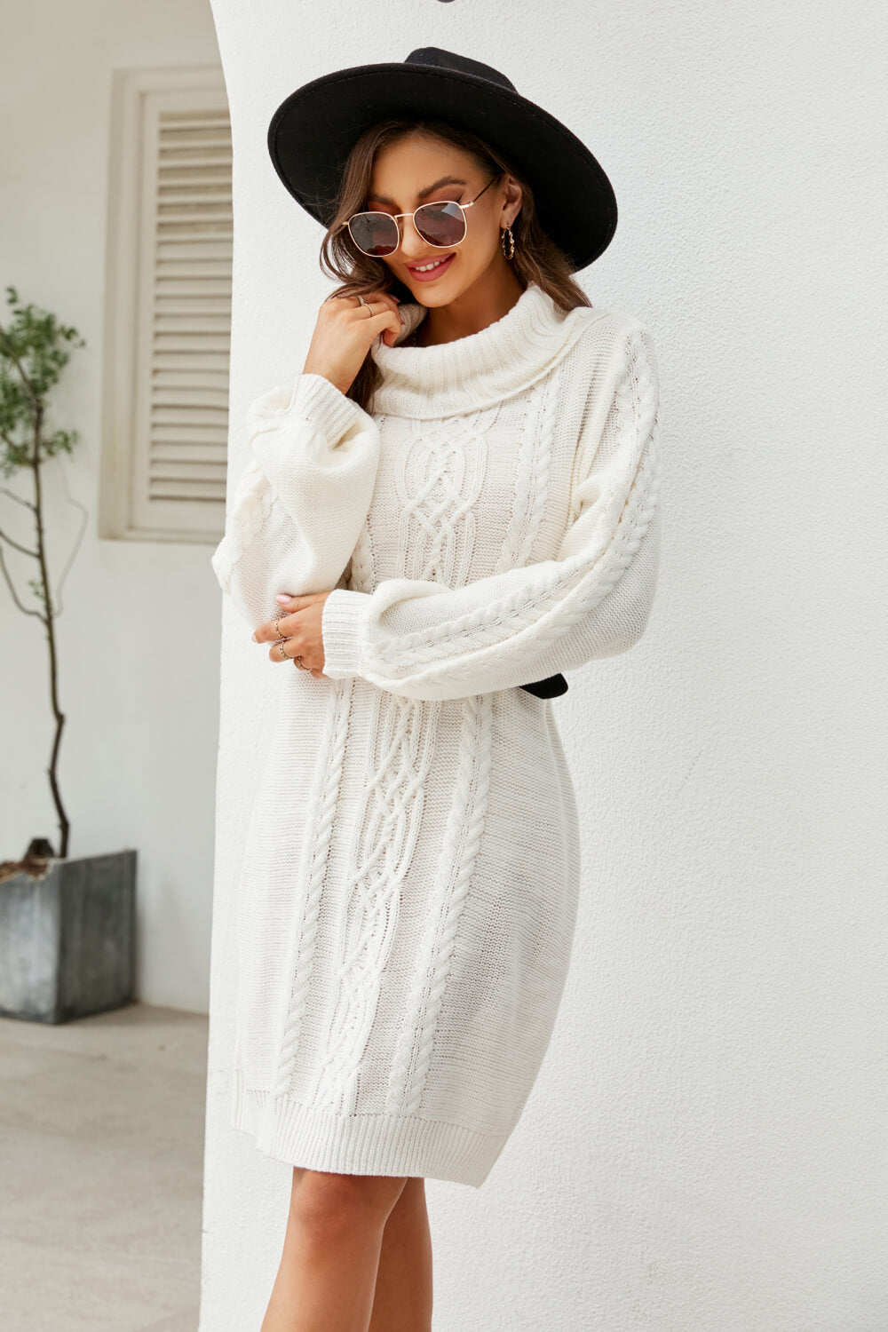 Bianka - mixed knit turtleneck lantern sleeve sweater dress