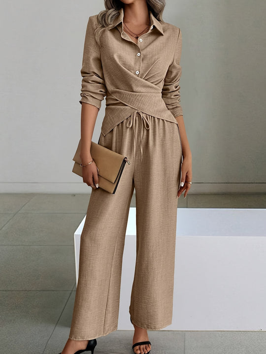 Florence - Women’s Elegant Two-Piece Set - Cross-Tie Waist & Wide-Leg Trousers