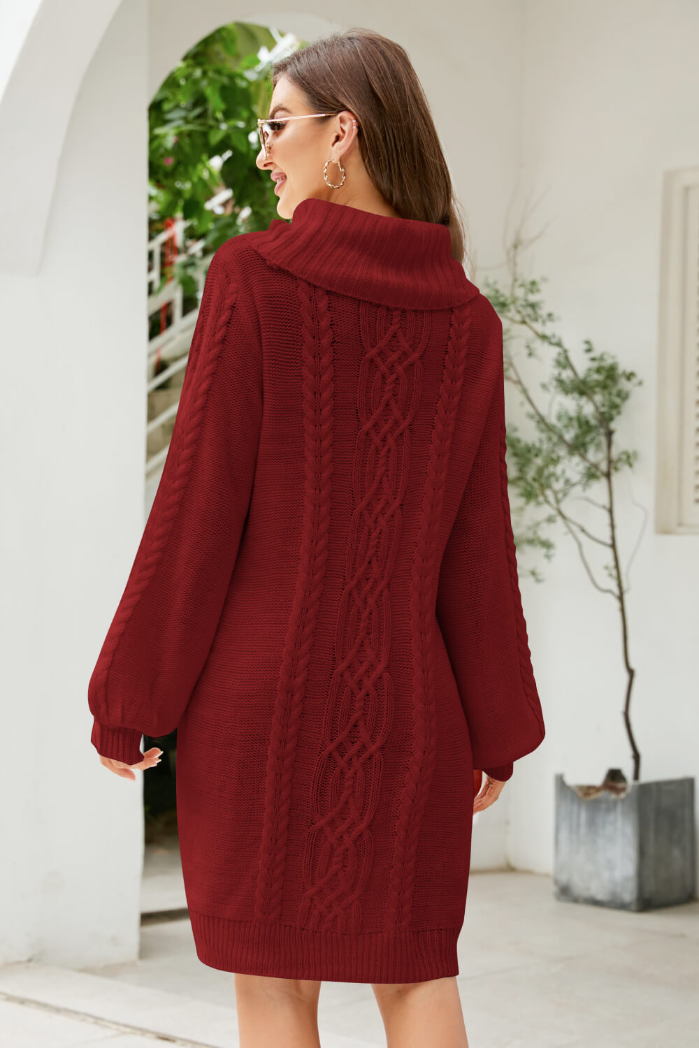 Bianka - mixed knit turtleneck lantern sleeve sweater dress