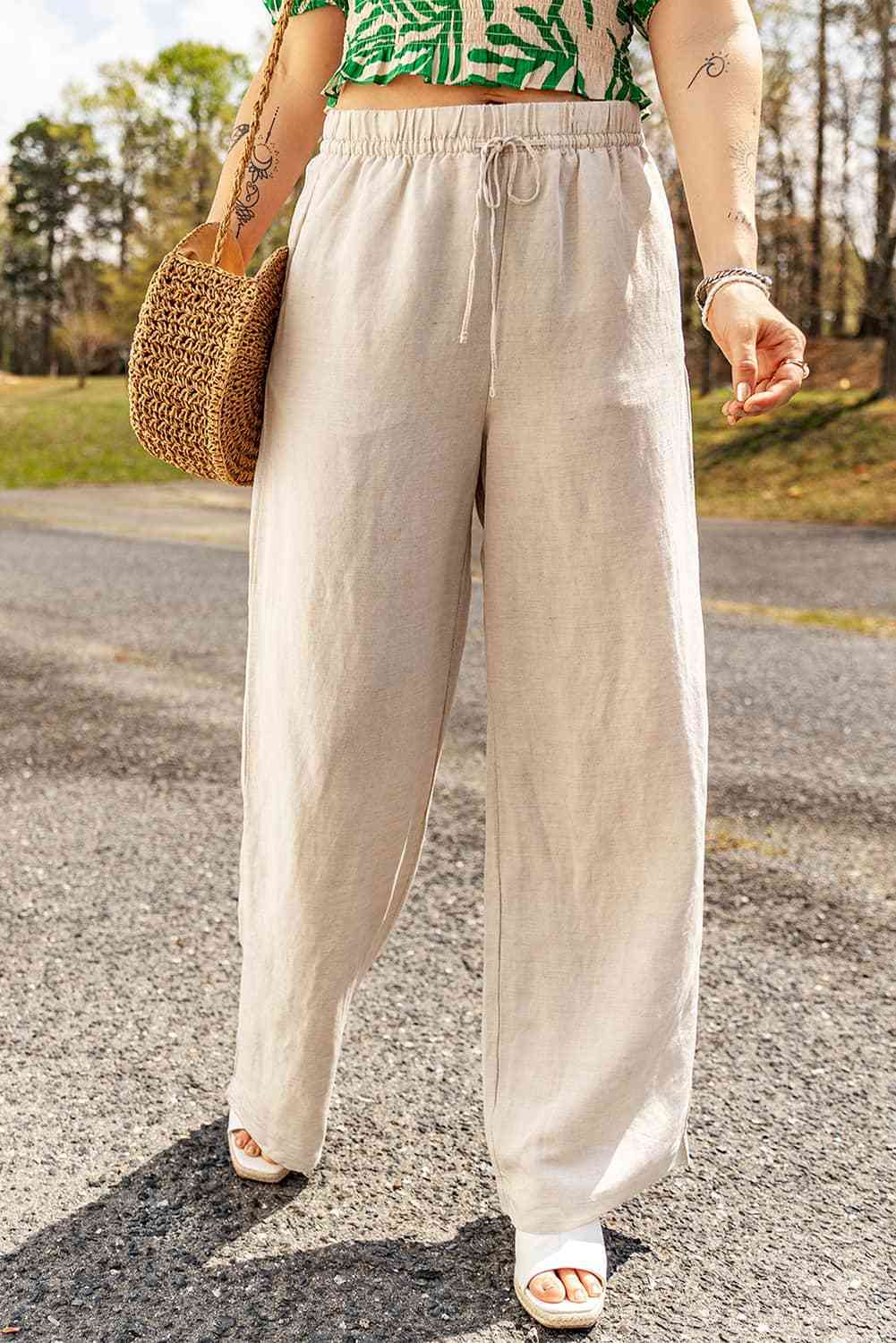 Binta -  drawstring waist straight wide leg pants