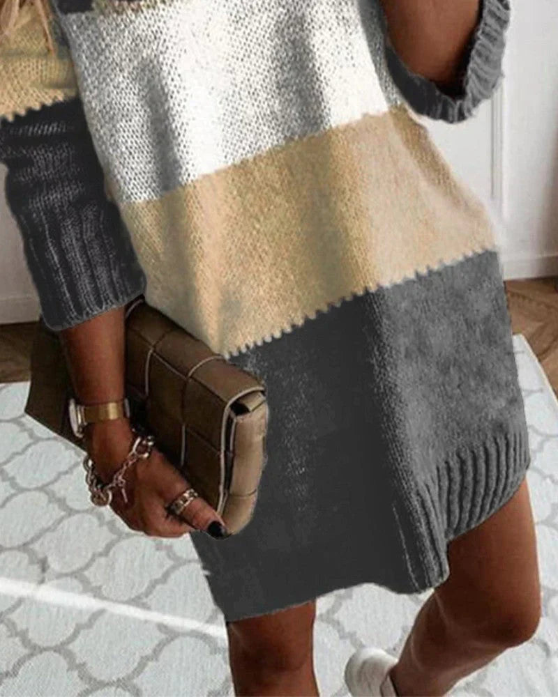 Women's color block striped crochet knitted sweater dress