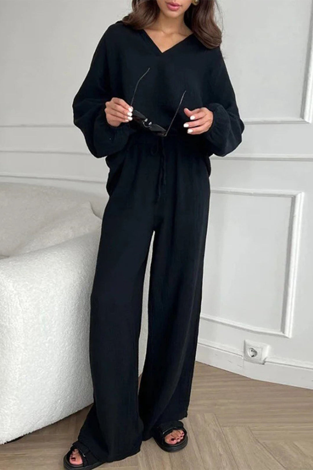 Luna - lapel drawstring wide-leg pants set