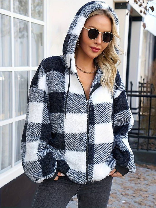 Cute checked teddy hooded jacket with zip closure