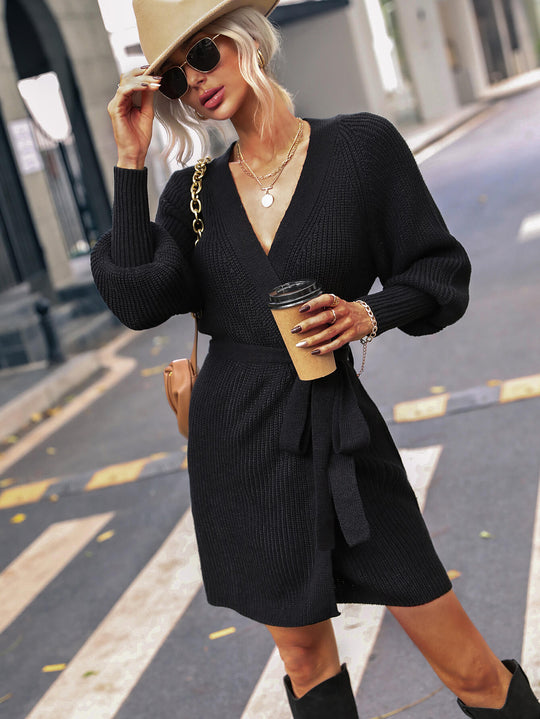 Linett - belted surplice lantern sleeve wrap sweater dress