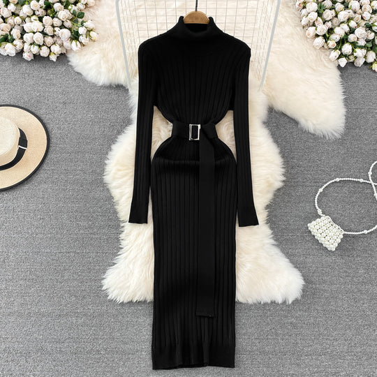 Women's belted turtleneck bodycon knitted dress