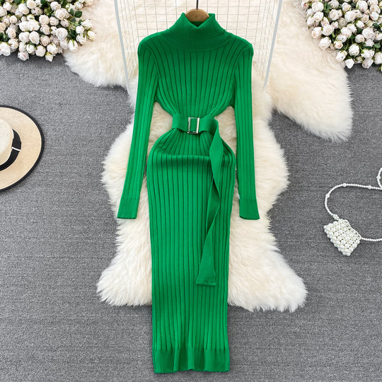 Women's belted turtleneck bodycon knitted dress