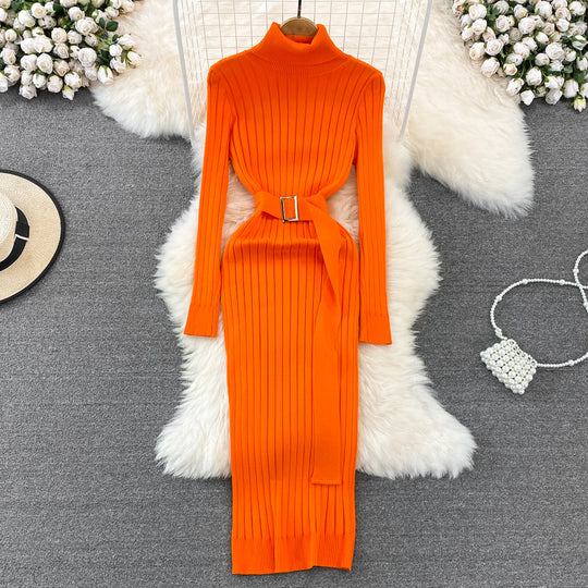 Women's belted turtleneck bodycon knitted dress