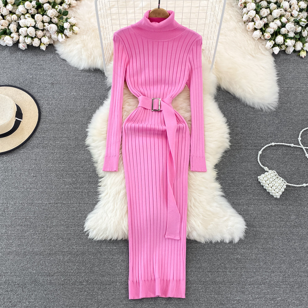 Women's belted turtleneck bodycon knitted dress