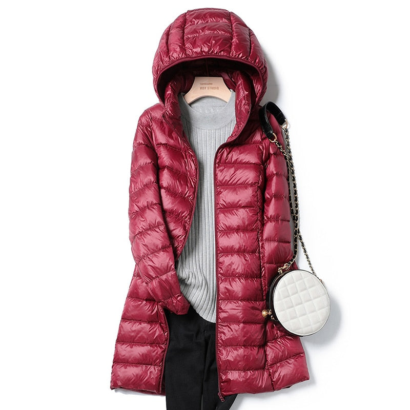 Cara - women's mid-length white duck down jacket