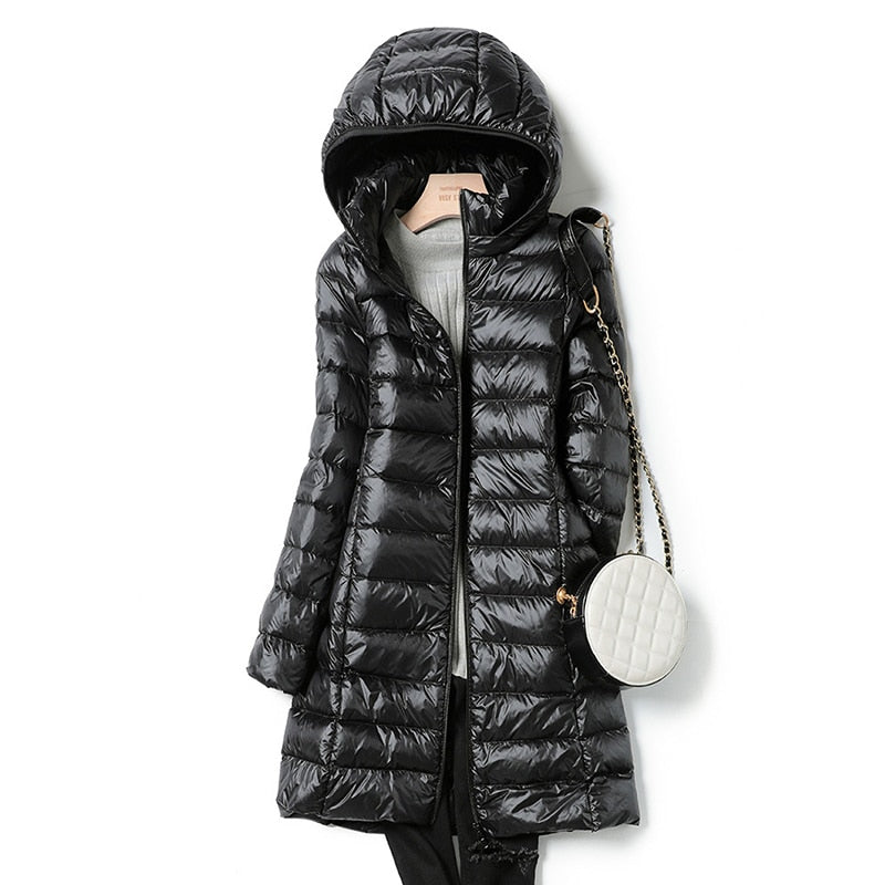 Cara - women's mid-length white duck down jacket