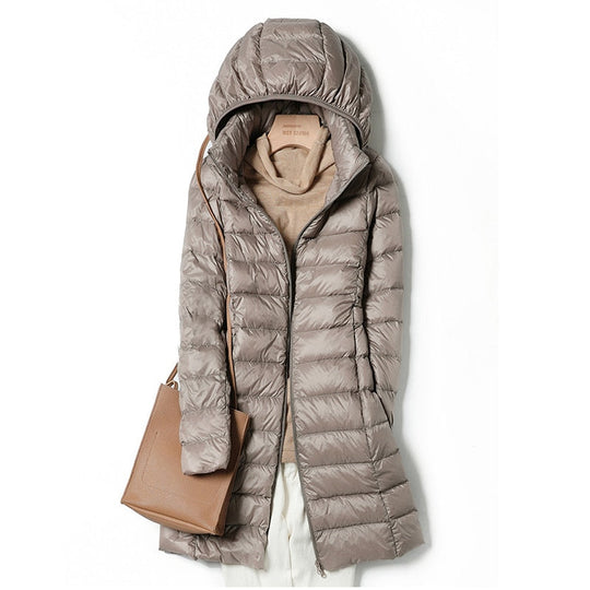 Cara - women's mid-length white duck down jacket