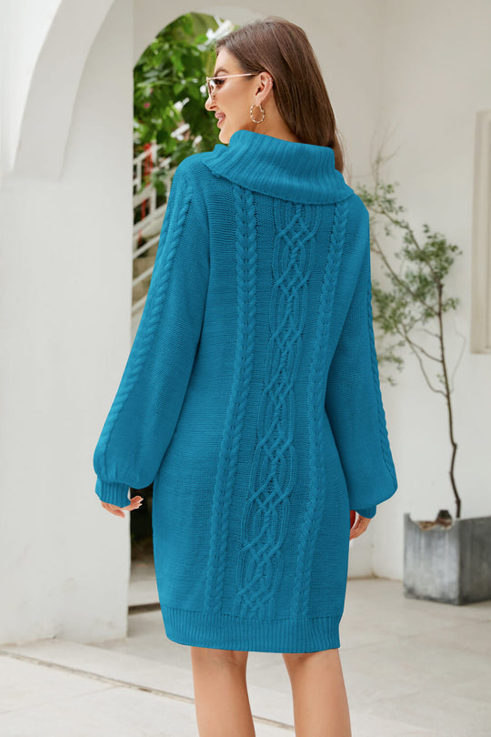 Bianka - mixed knit turtleneck lantern sleeve sweater dress