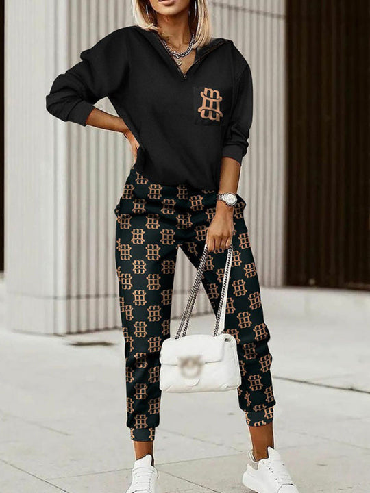 Arcelie - houndstooth print drop shoulder drawstring hoodie & sweatpants set