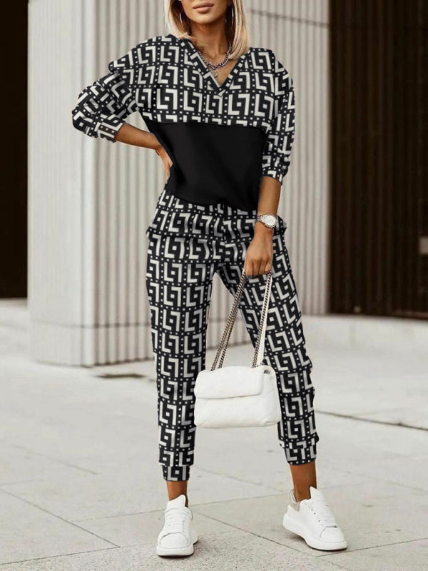 Arcelie - houndstooth print drop shoulder drawstring hoodie & sweatpants set