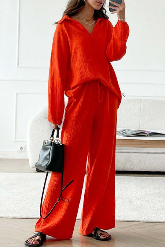 Luna - lapel drawstring wide-leg pants set