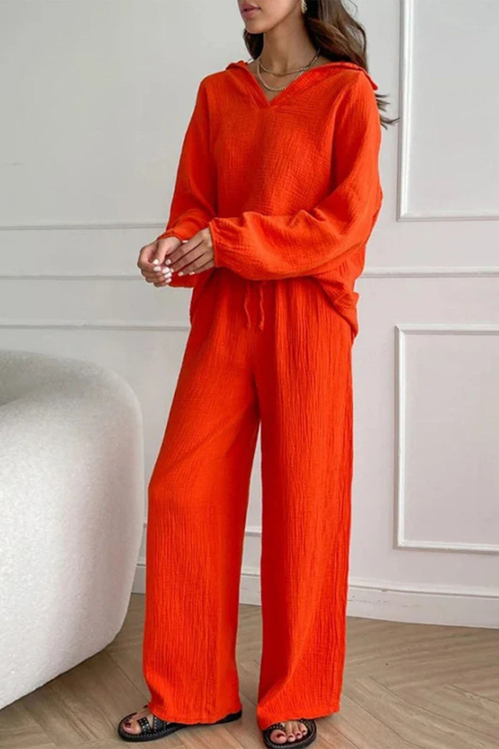 Luna - lapel drawstring wide-leg pants set