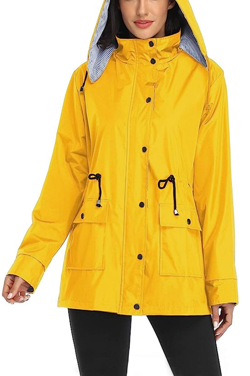 Hooded outdoor jacket for women with button closure