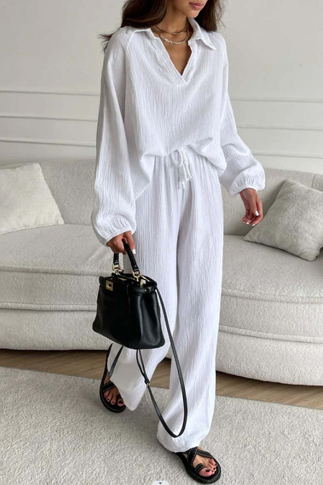 Luna - lapel drawstring wide-leg pants set